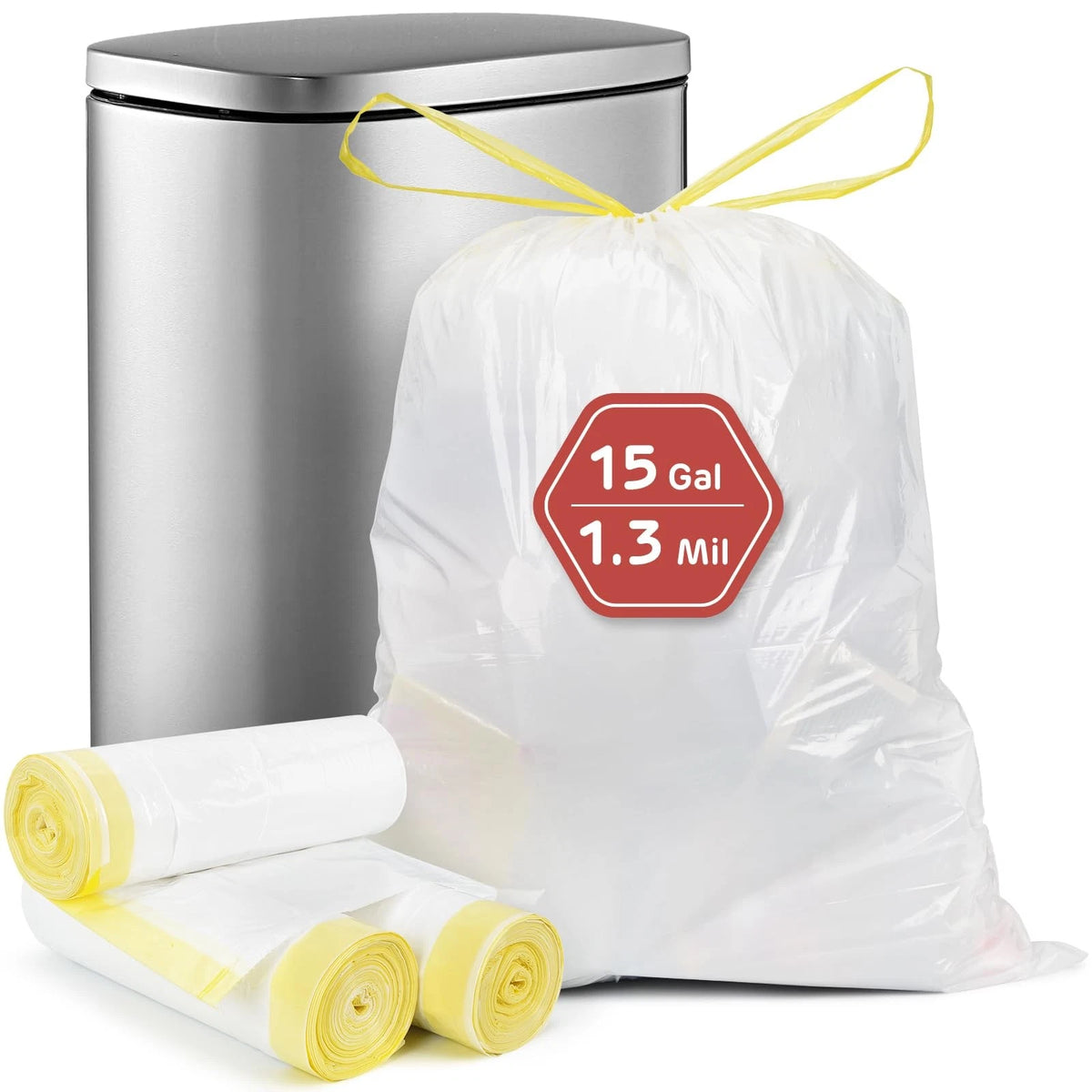 15 Gallon Drawstring Trash Bags, 1.3 Mil Ultra Thick (Set of 50)
