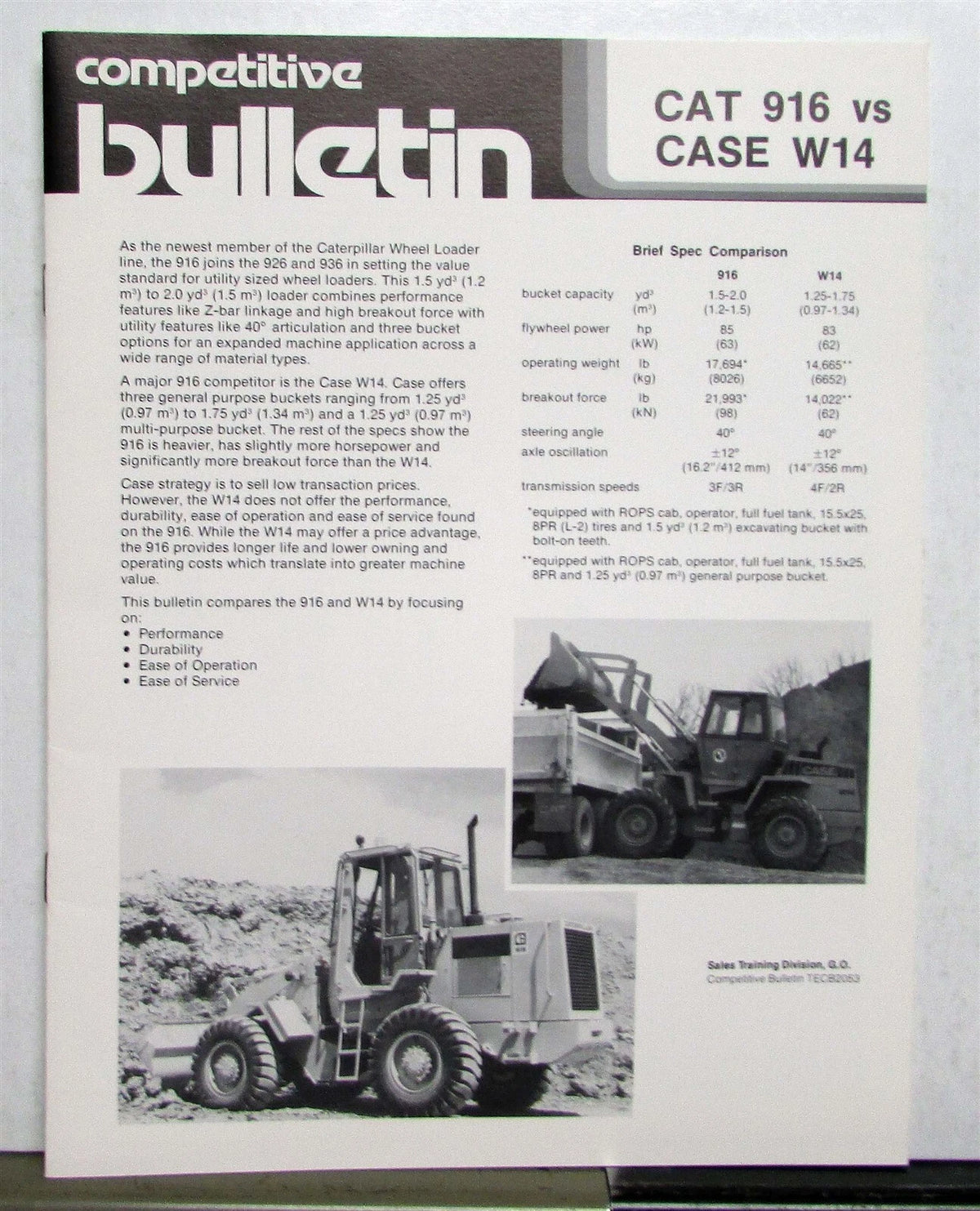 Wheel Loader Competitive Bulletin for Cat 916 VS Case W14 (1986)