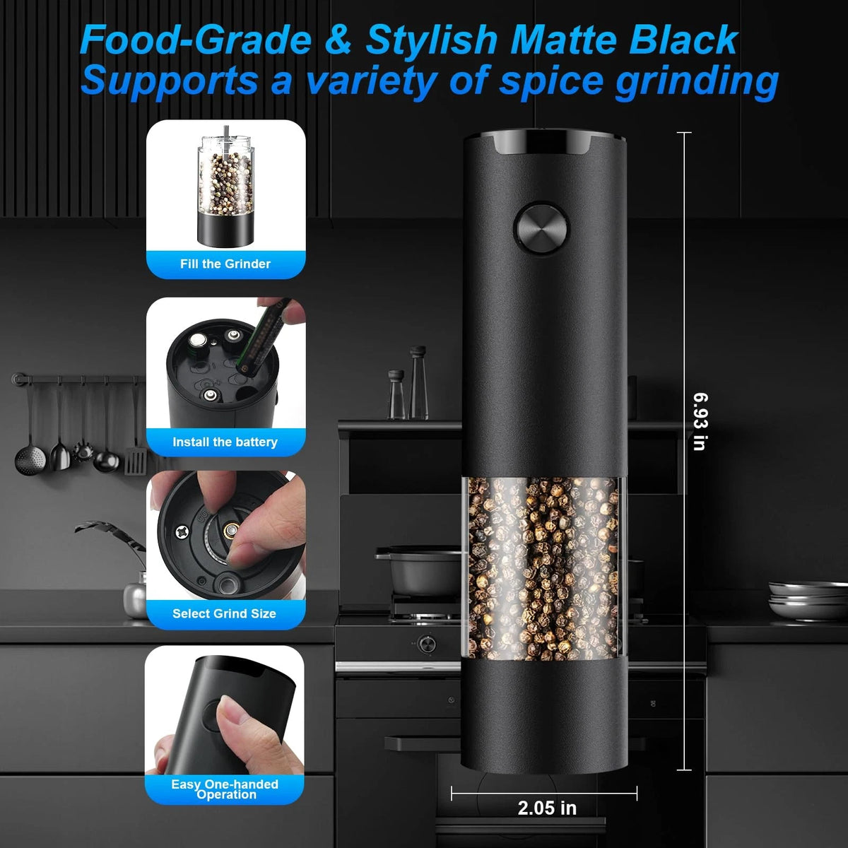 Electric Pepper or Salt Grinder with Adjustable Coarseness