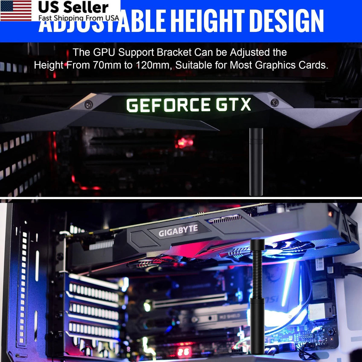 GPU Support Bracket for Graphics Video Card (Height Adjustable, Black)