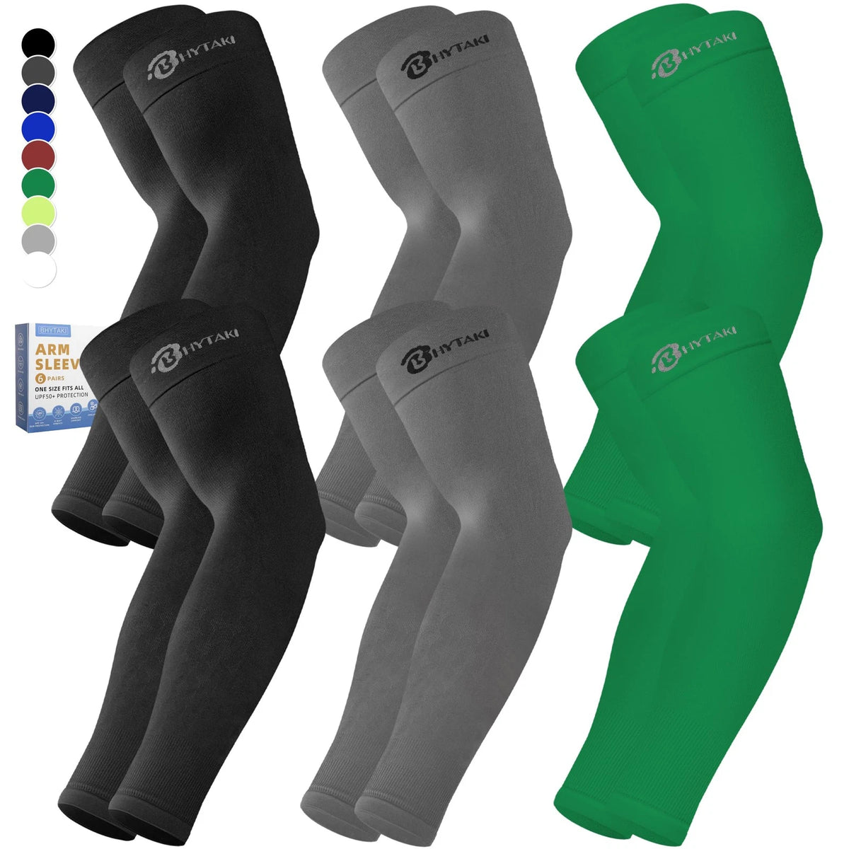 6 Pairs Cooling Compression Arm Sleeves - Black, Dark Gray, Green