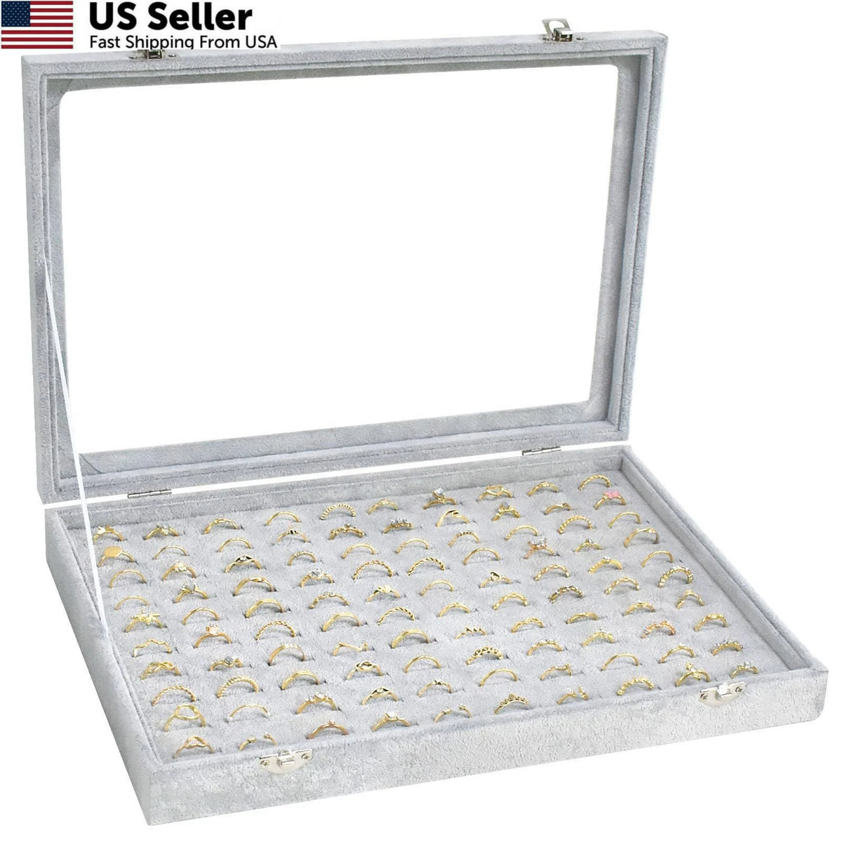 Bivisen Ring Display Case Organizer Box with Transparent Lid, Grey