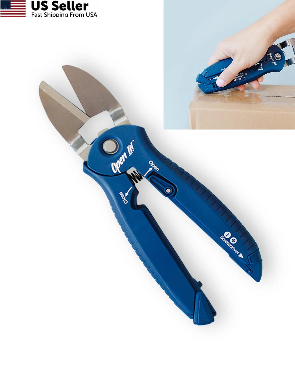 4-in-1 Box Cutter & Package Opener Tool - Heavy Duty Blue