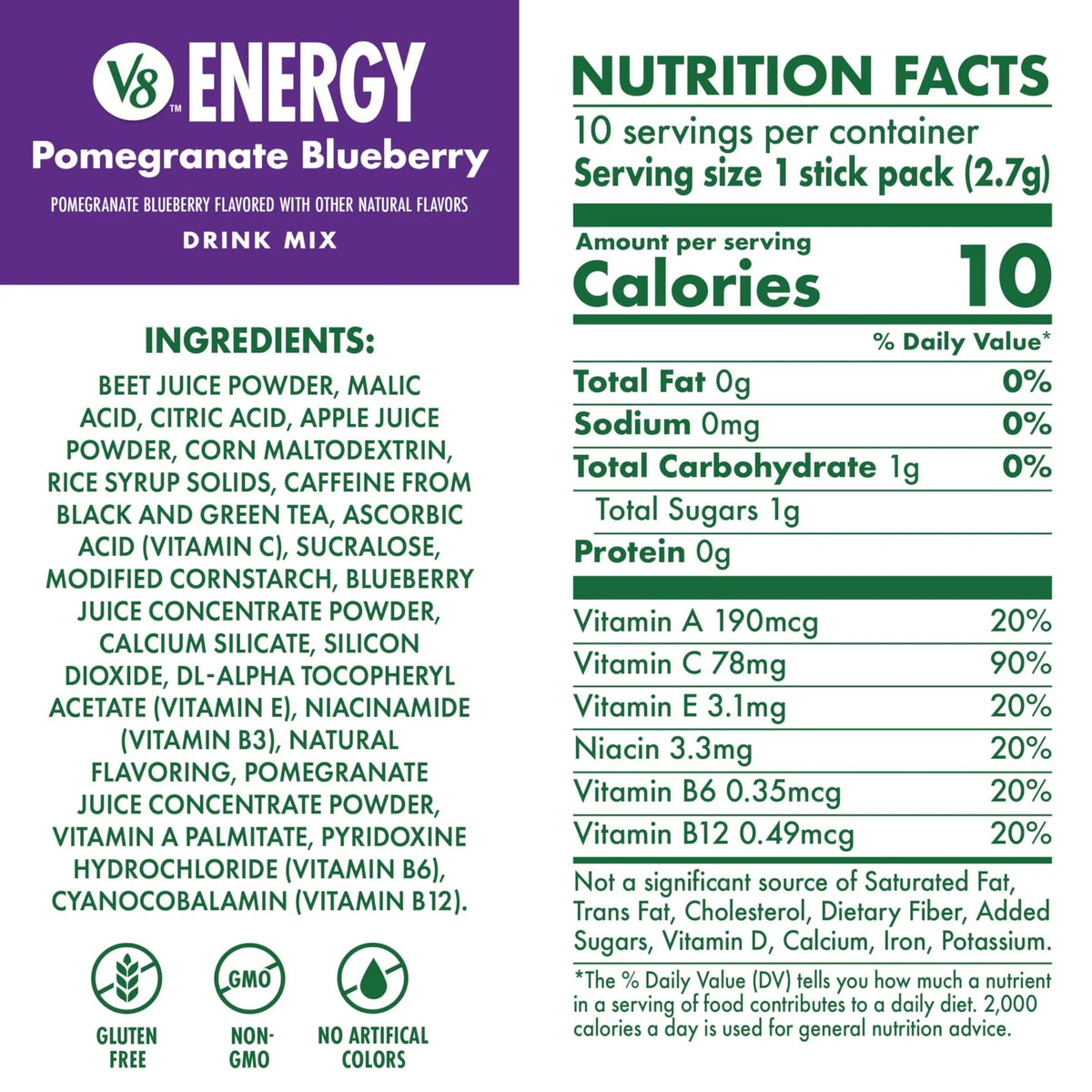 10 Count V8 Energy Pomegranate Blueberry Drink Powder