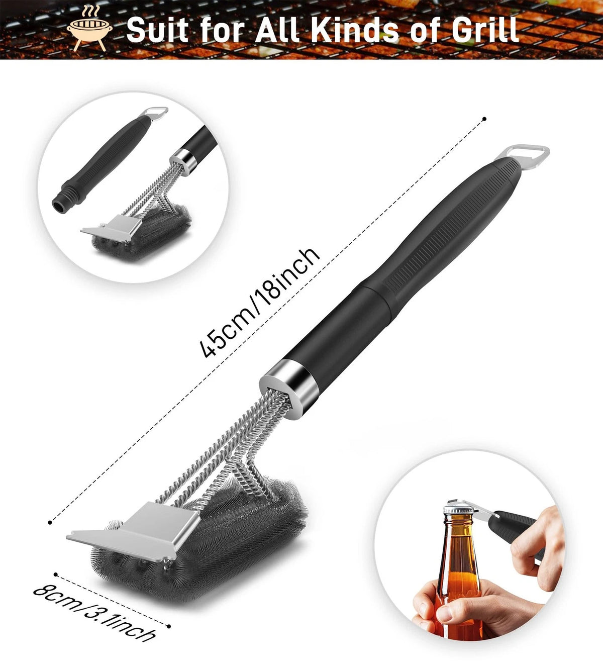 Grill Brush and Scraper for BBQ (Adjustable Handle, 3-Branch, Matte Black)