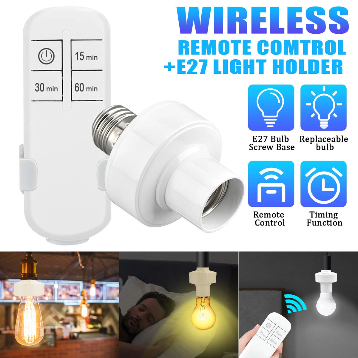 Wireless Remote Control E27 Screw Bulb Base Holder for