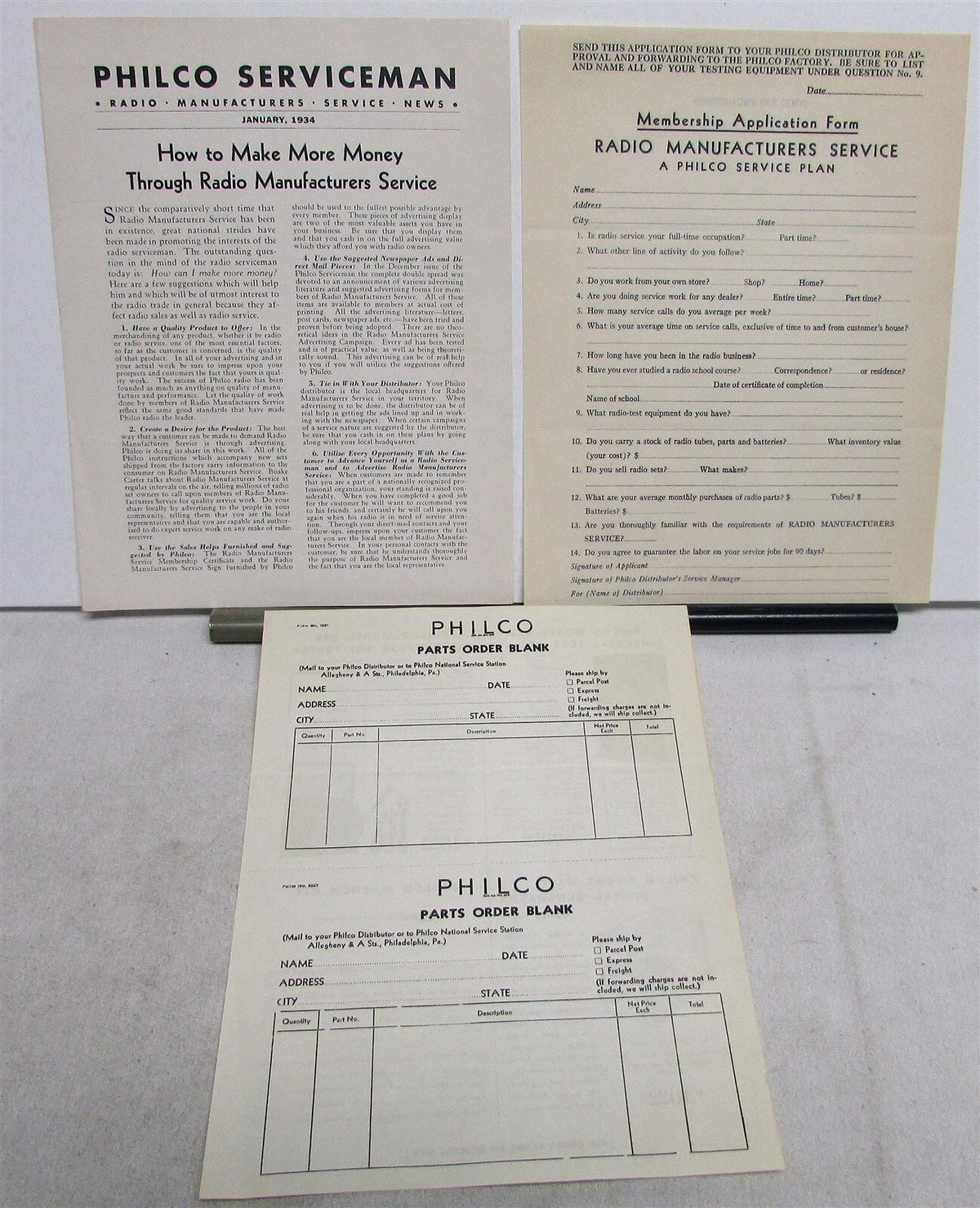 Set of 4 Order Forms for Philco Serviceman (1934)