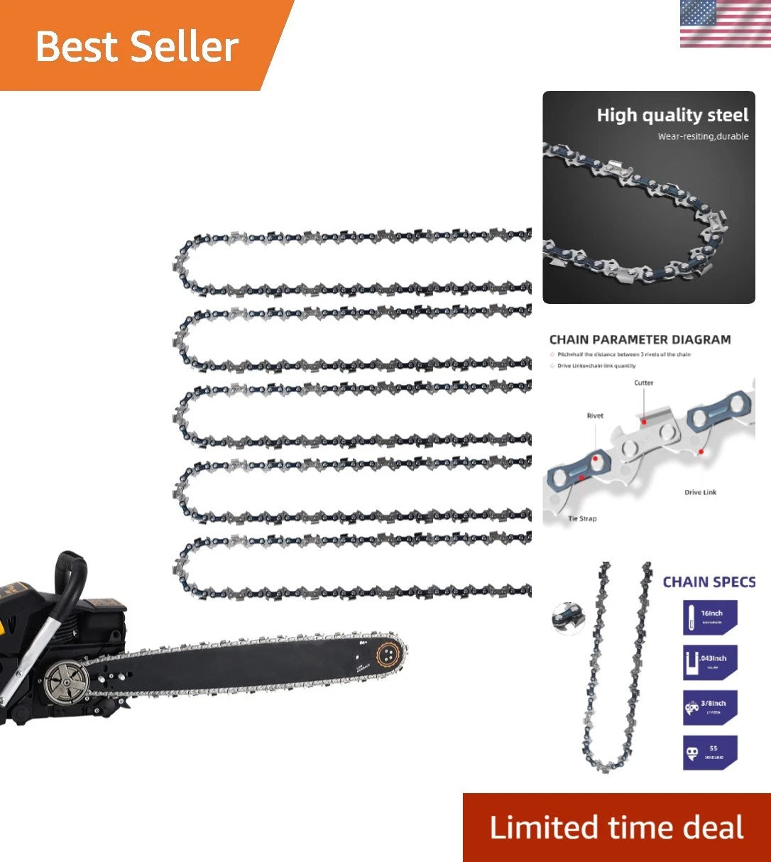 5-Pack 16" Chainsaw Chain Set, .043" Gauge, 3/8" Pitch