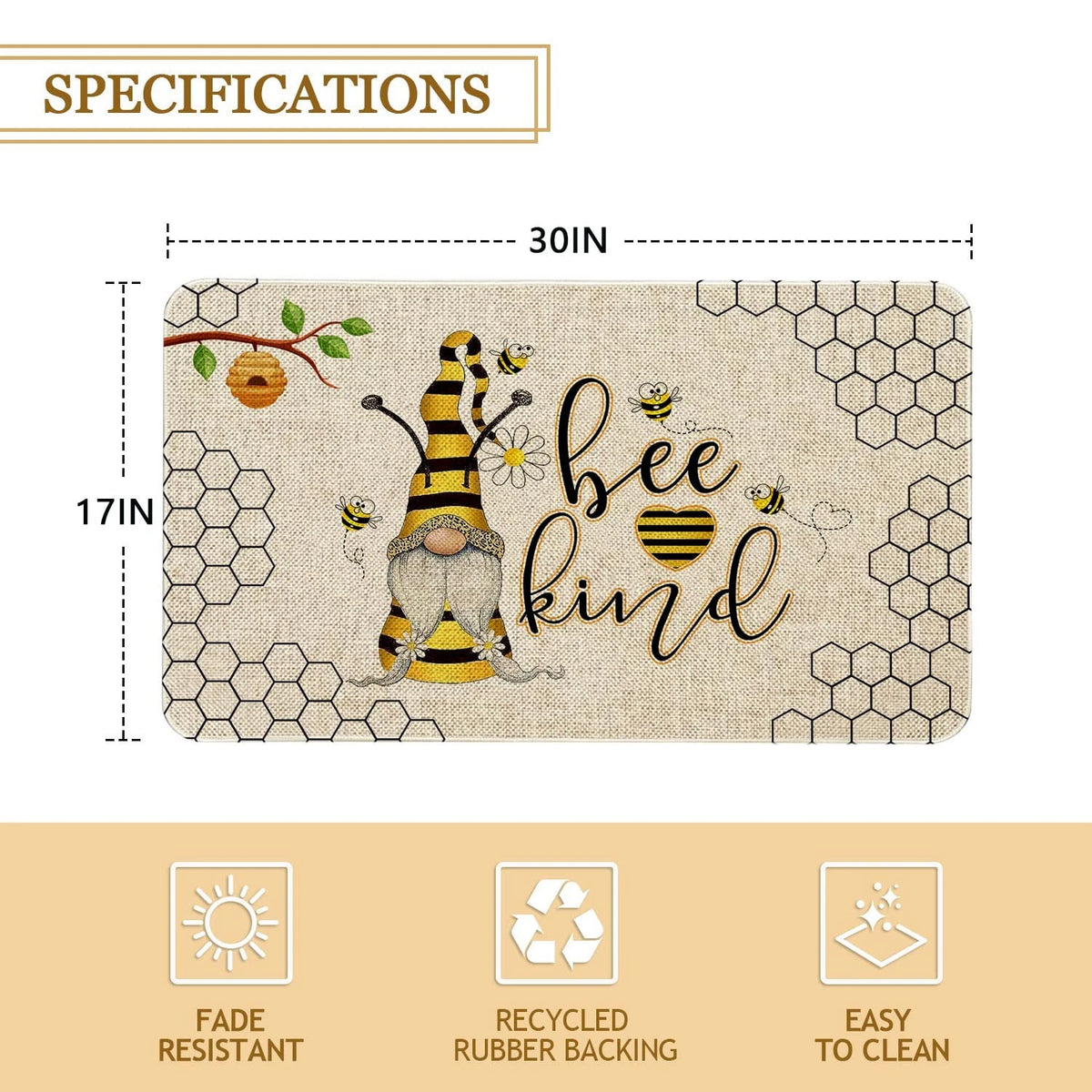 Bee Kind Gnome Doormat 30 x 17 Inch Indoor Outdoor Mat