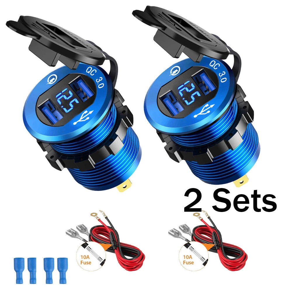 Set of 2 Dual USB Car Cigarette Lighter Socket with LED Voltmeter 12-24V