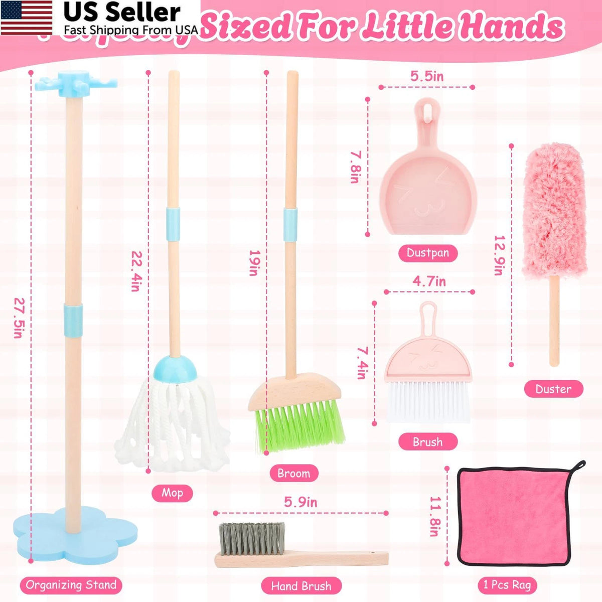Kids Cleaning Set for Toddler (Wooden Broom, Pink)
