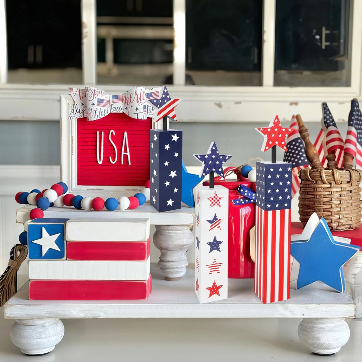 Set of 4 Red White Blue Wooden Patriotic Decorations for Memorial Day