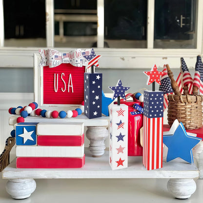 Set of 4 Red White Blue Wooden Patriotic Decorations for Memorial Day