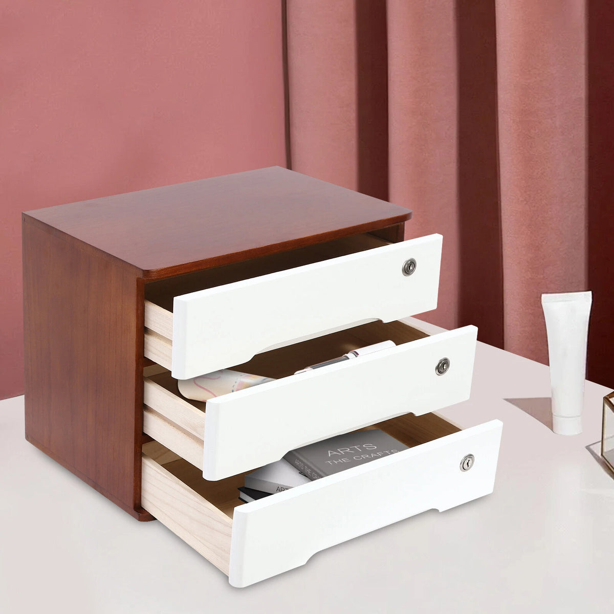 3-Tier Wooden Desk Organizer with Lockable Drawers for Office Use