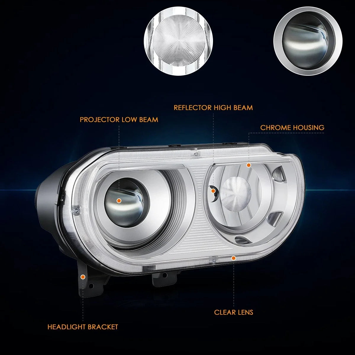 Chrome Projector Headlight Lamp Right Side for 2008–2014 Dodge Challenger