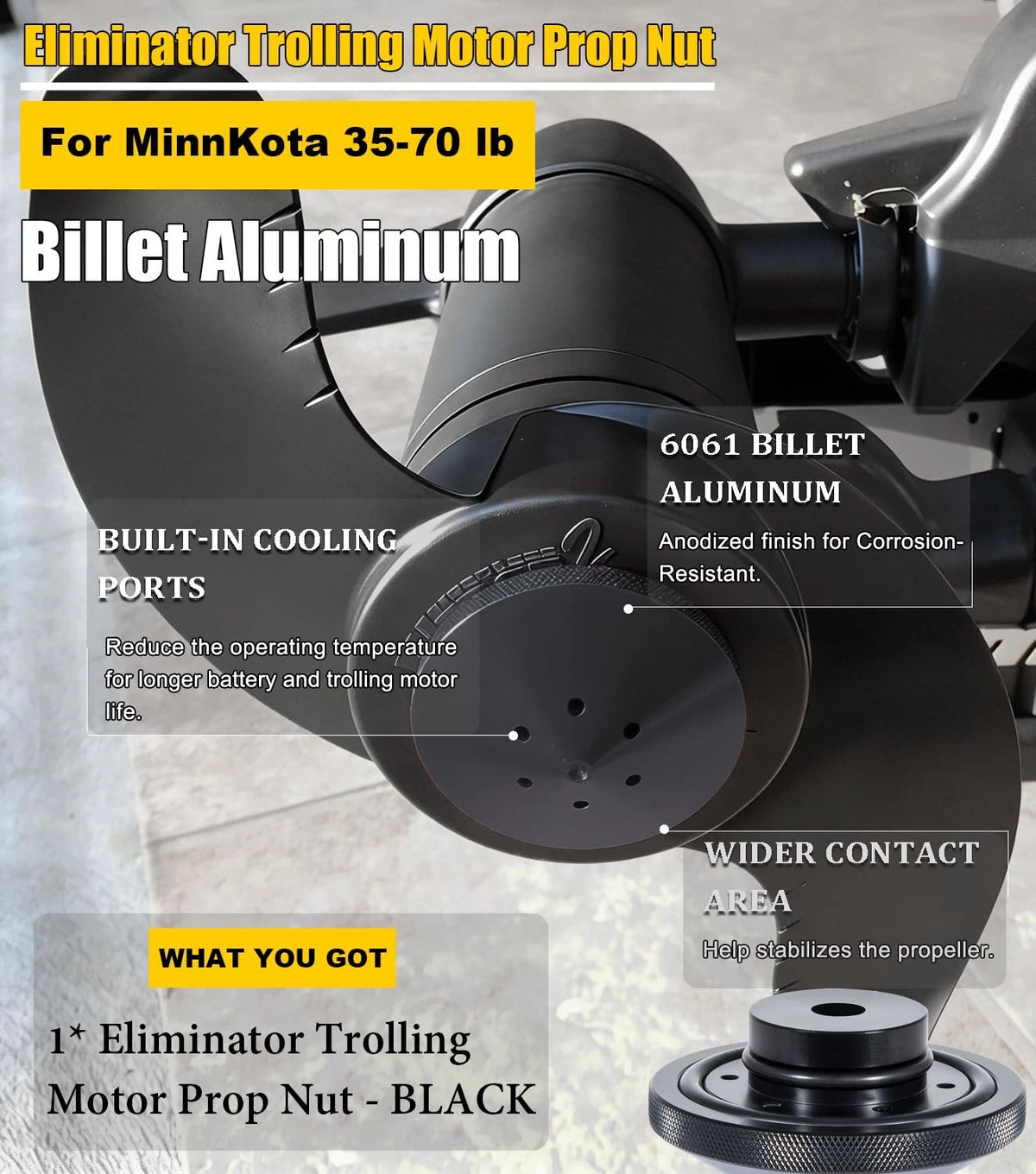 Aluminum Prop Nut for MinnKota Trolling Motor 35-70 lb, Black