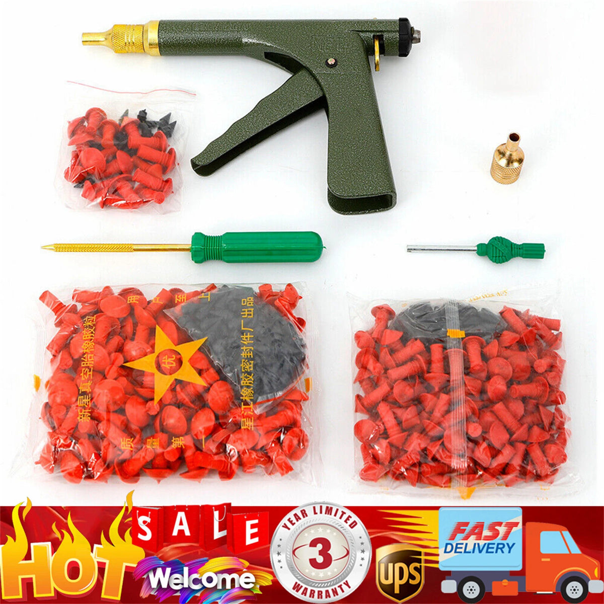 Tire Plugger Kit for Tubeless Tires - Repair Gun with Mushroom Plug Probe