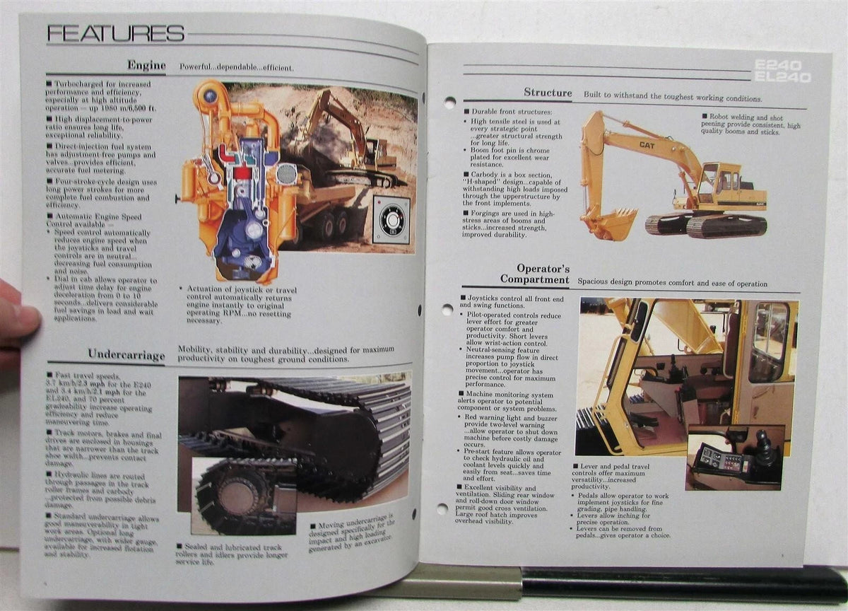 Excavator Specifications Brochure for Caterpillar E240 EL240 (1988)