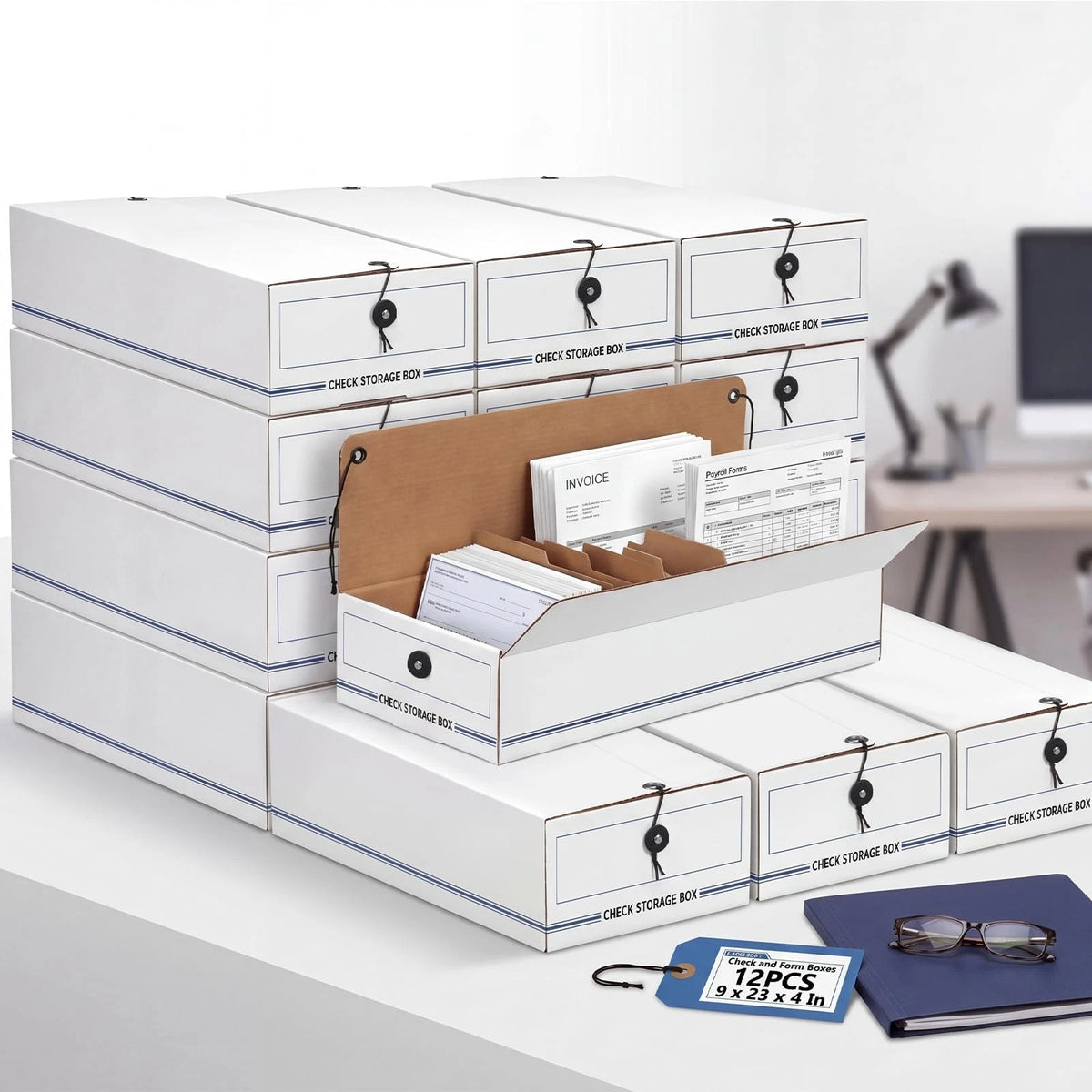12 Pack Check and Form Storage Boxes with Lid, String & Button Closure