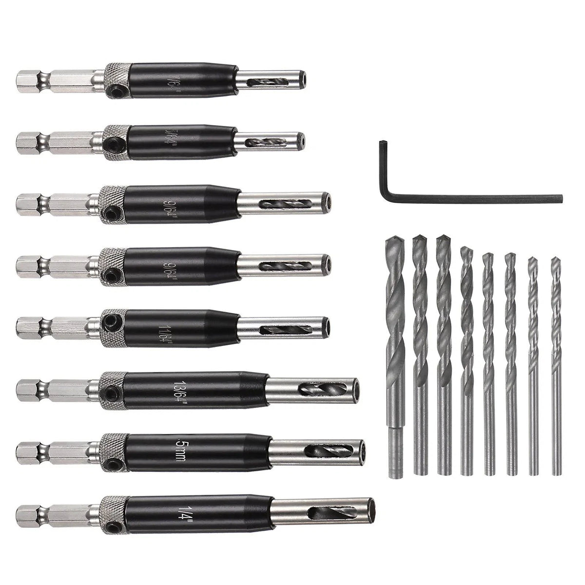 Set of 16 Self Centering Drill Bits for Door Hinge DIY (5/64" - 1/4")