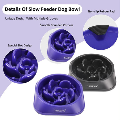 2X Slow Feeder Dog Bowls for Medium Pets - Purple & Black