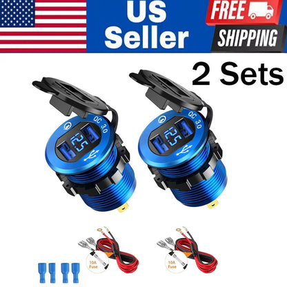 Set of 2 Dual USB Car Cigarette Lighter Socket with LED Voltmeter 12-24V