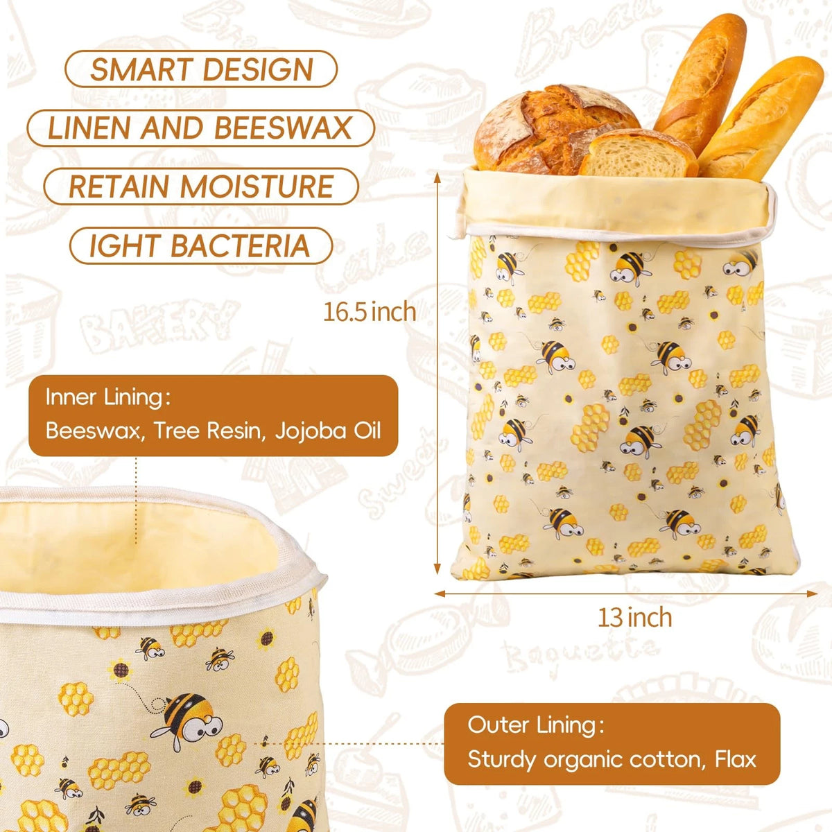 2 Pack Beeswax Bread Bags for Homemade Bread Storage