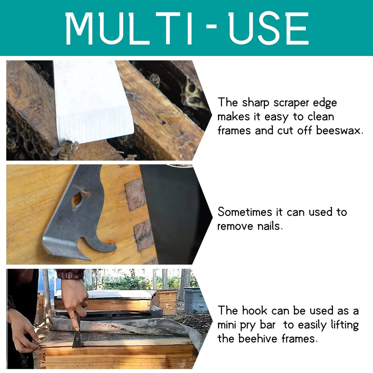 2X Stainless Steel Bee Hive Tool with J Hook and Scraper