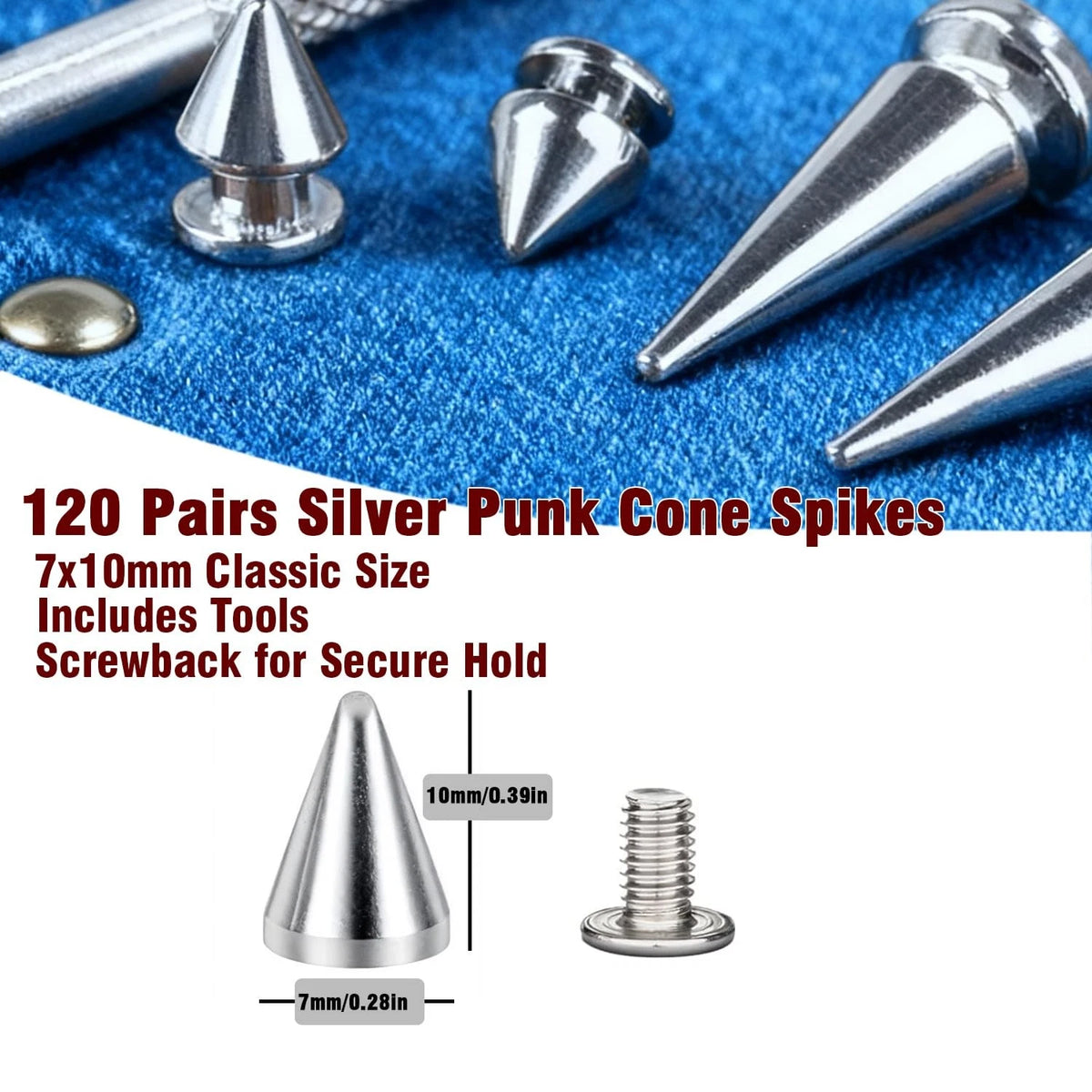 120 Pairs Silver Cone Spikes and Screws for Jackets and Belts
