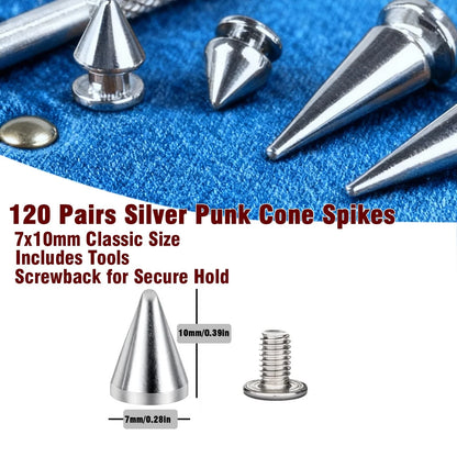 120 Pairs Silver Cone Spikes and Screws for Jackets and Belts
