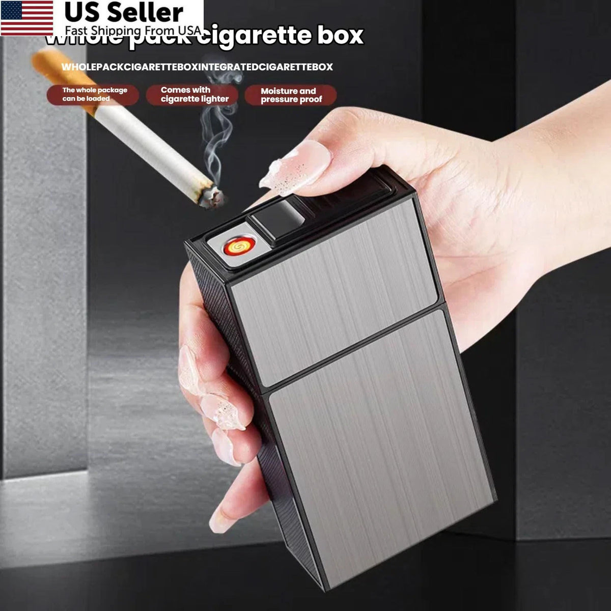 Cigarette Case with Lighter for 100mm King Size (100mm) - Silver & Black