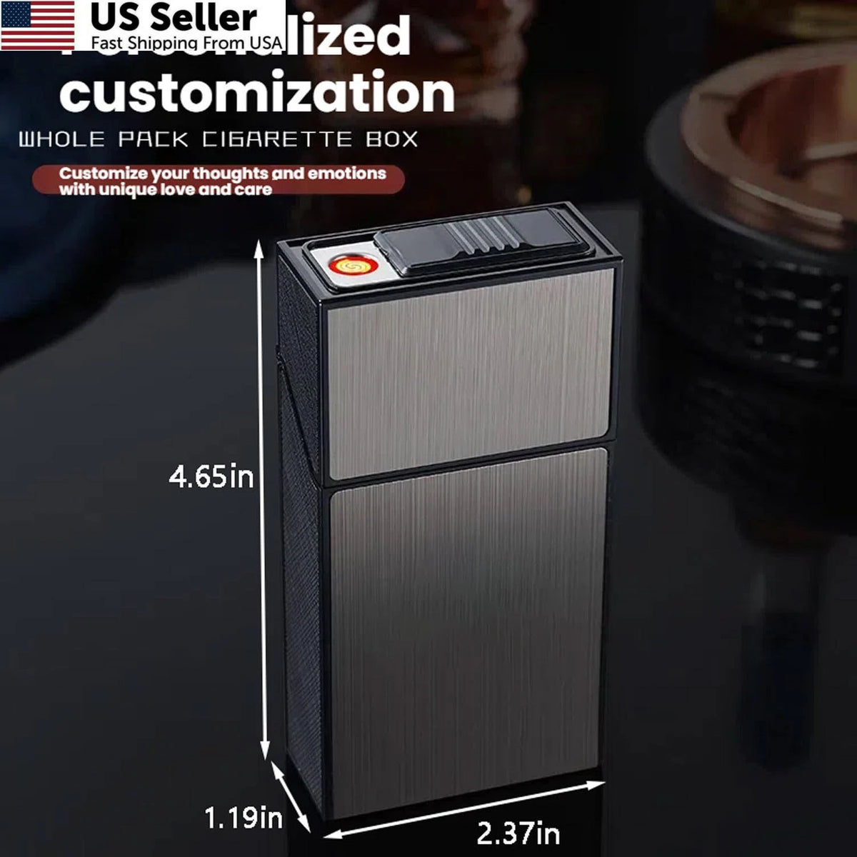 Cigarette Case with Lighter for 100mm King Size (100mm) - Silver & Black
