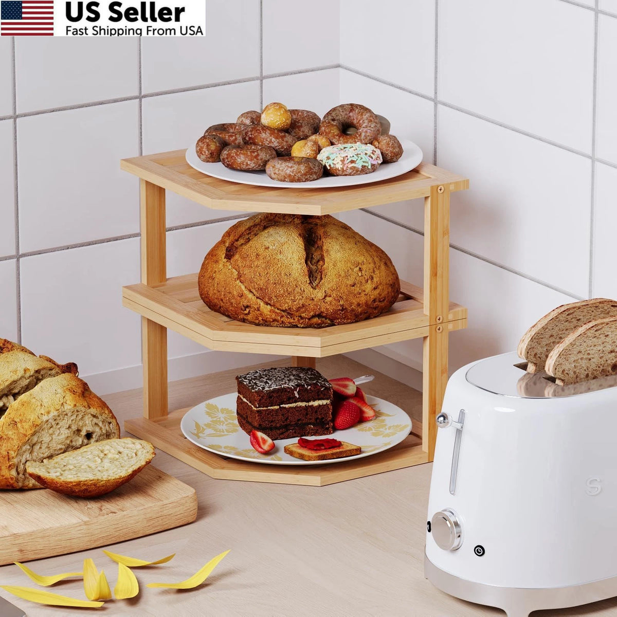 2-Tier Bamboo Corner Shelf for Plate Organizer (1 Pc)