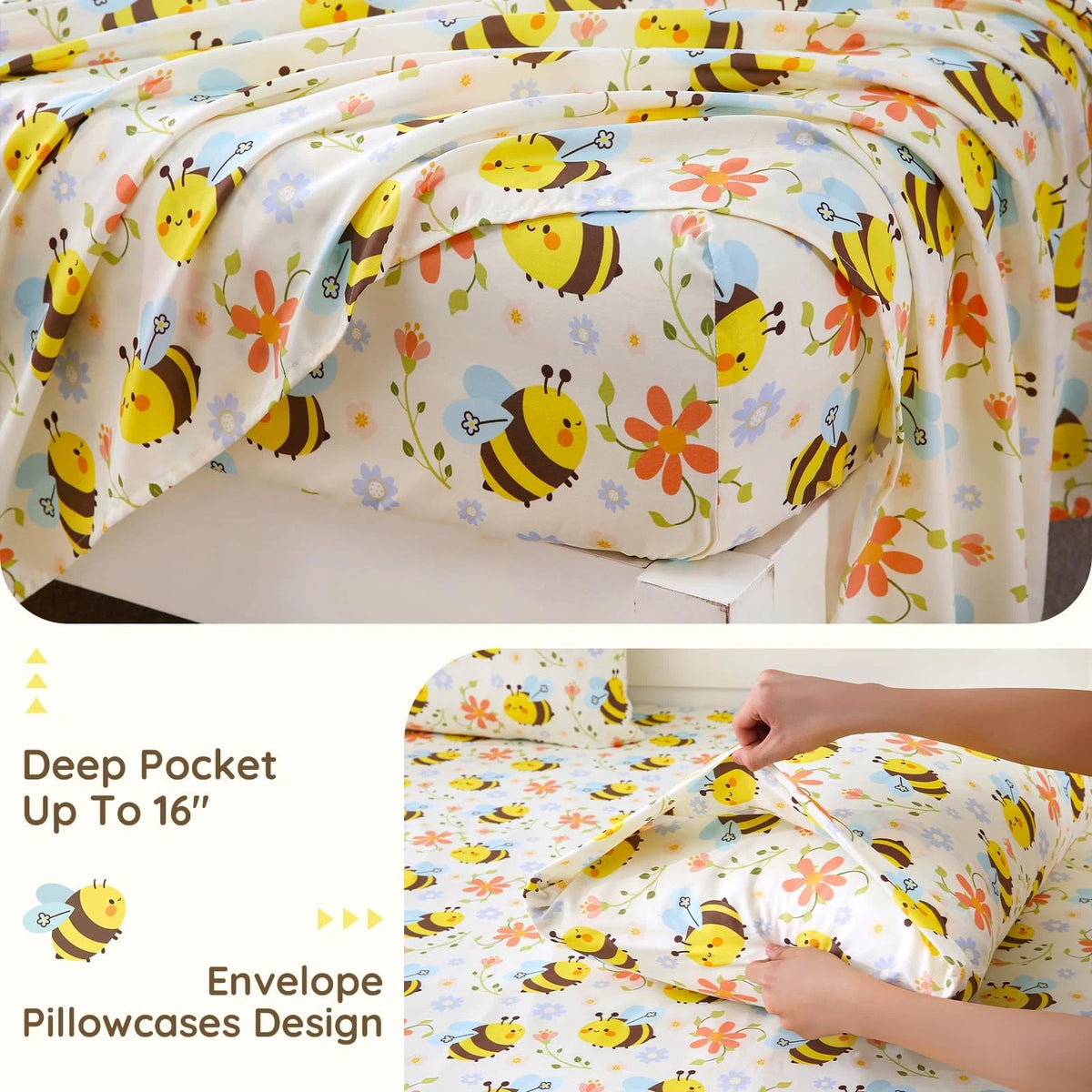 Set of 2 Yellow Bee Twin Sheets for Kids (Soft Microfiber)