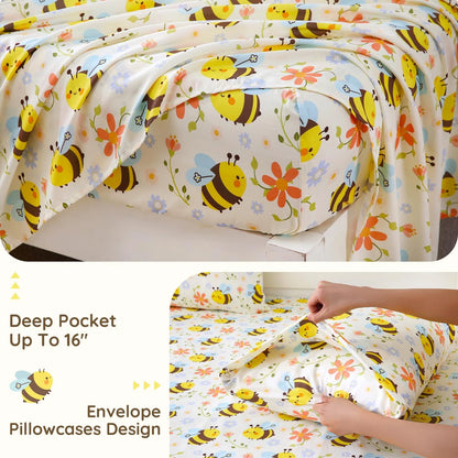 Set of 2 Yellow Bee Twin Sheets for Kids (Soft Microfiber)