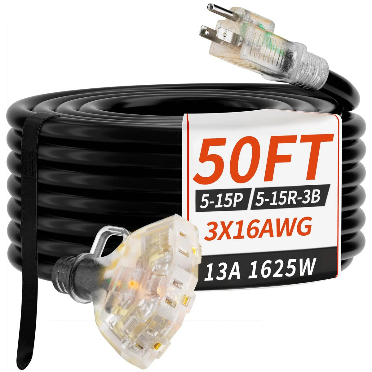 50 FT Outdoor Extension Cord with Multiple Outlets and Light Indicator
