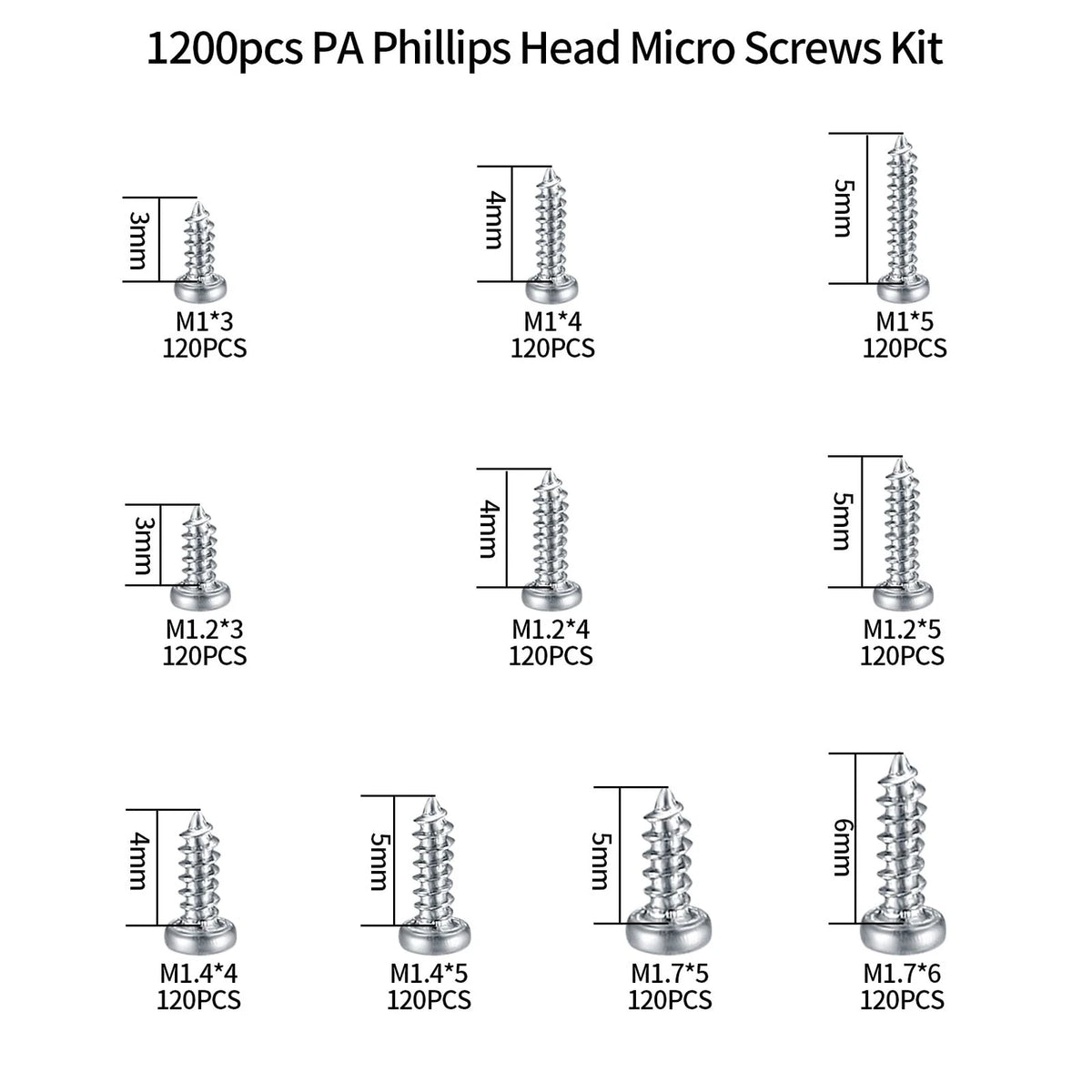 1200 Pcs Mini Screw Kit for M1/M1.2/M1.4/M1.7 Micro Phillips Head