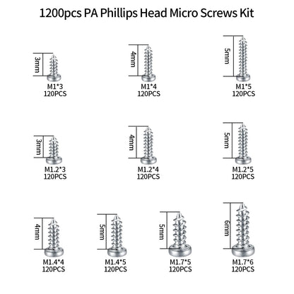 1200 Pcs Mini Screw Kit for M1/M1.2/M1.4/M1.7 Micro Phillips Head