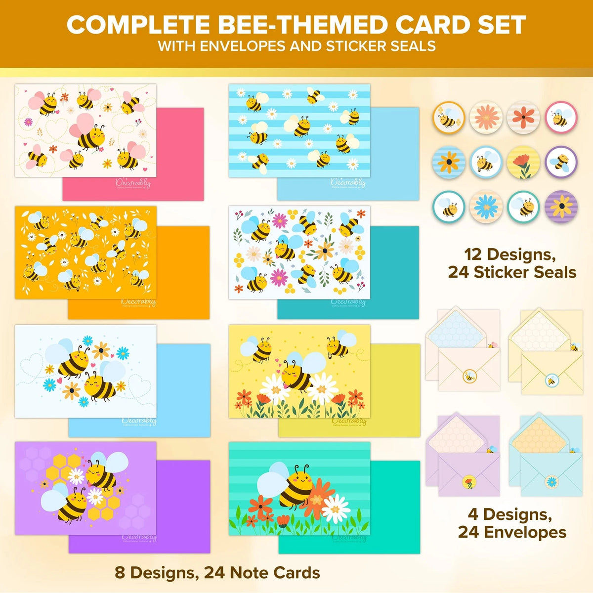24 Pack Bee Note Cards with Envelopes and Stickers - 8 Designs