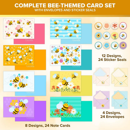 24 Pack Bee Note Cards with Envelopes and Stickers - 8 Designs
