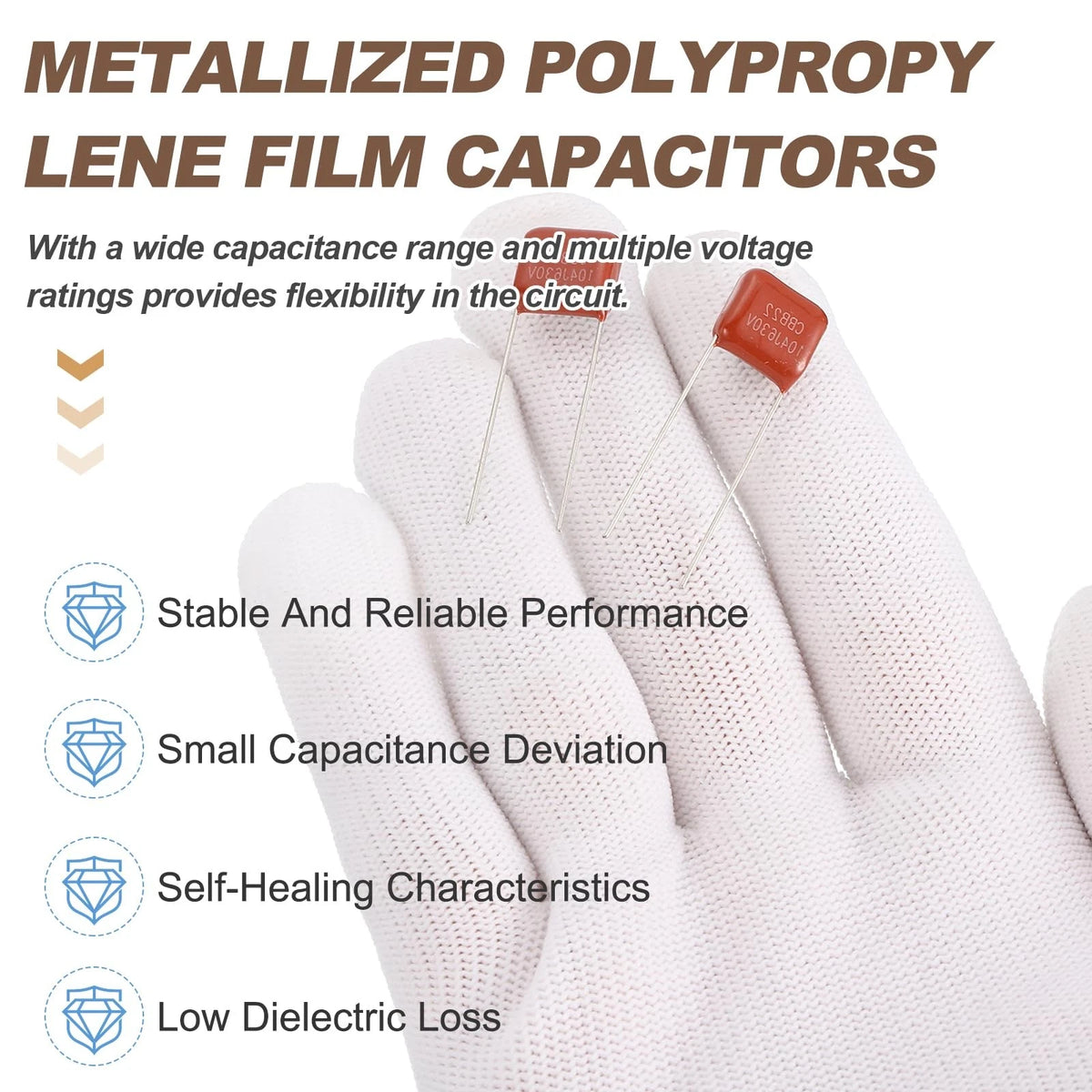 100pcs CBB22 Capacitor 630V 104J 0.1UF Metallized Polypropylene