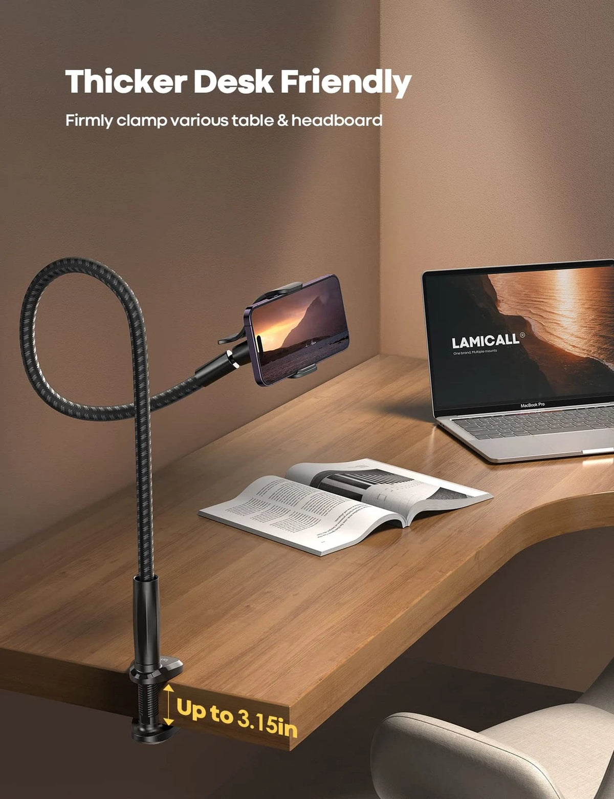 Gooseneck Phone Holder for Bed - Flexible Arm, Black