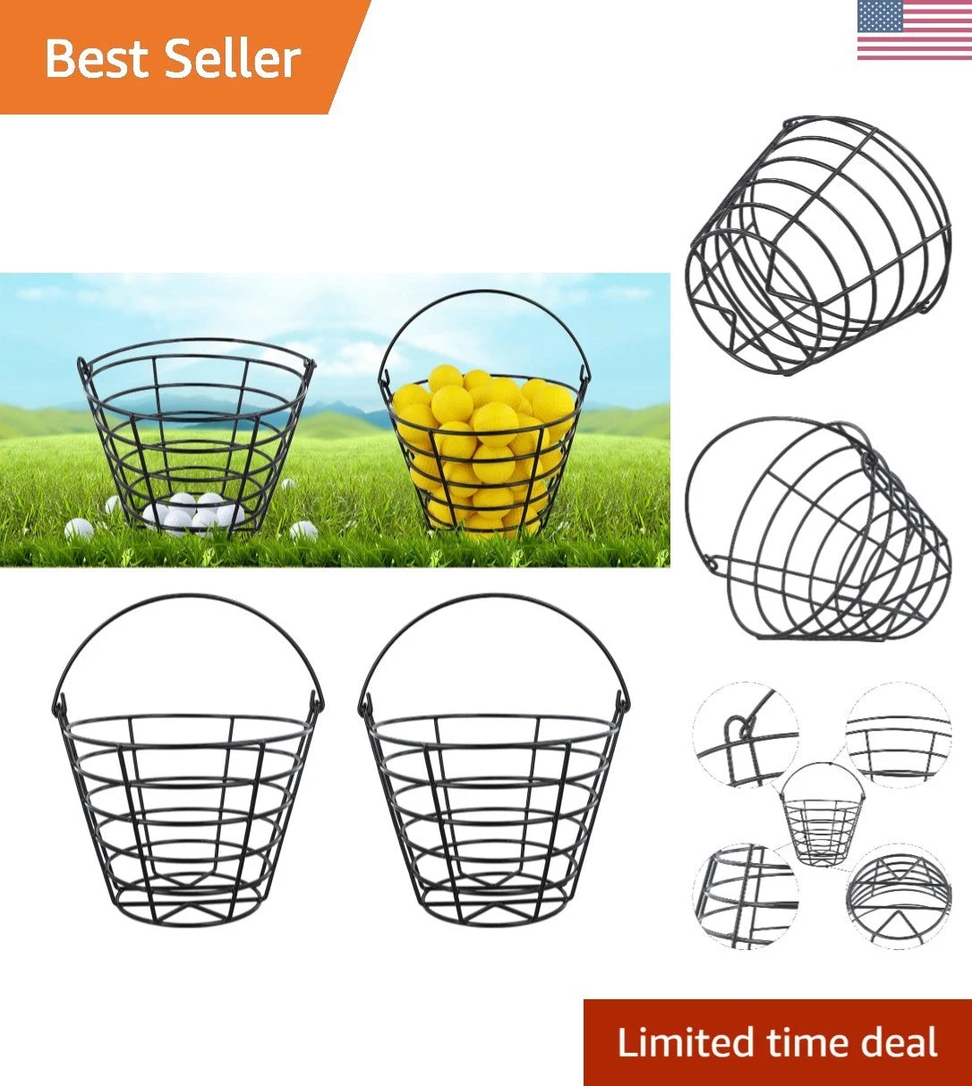 Set of 2 Compact Black Golf Ball Baskets - 50 Ball Capacity