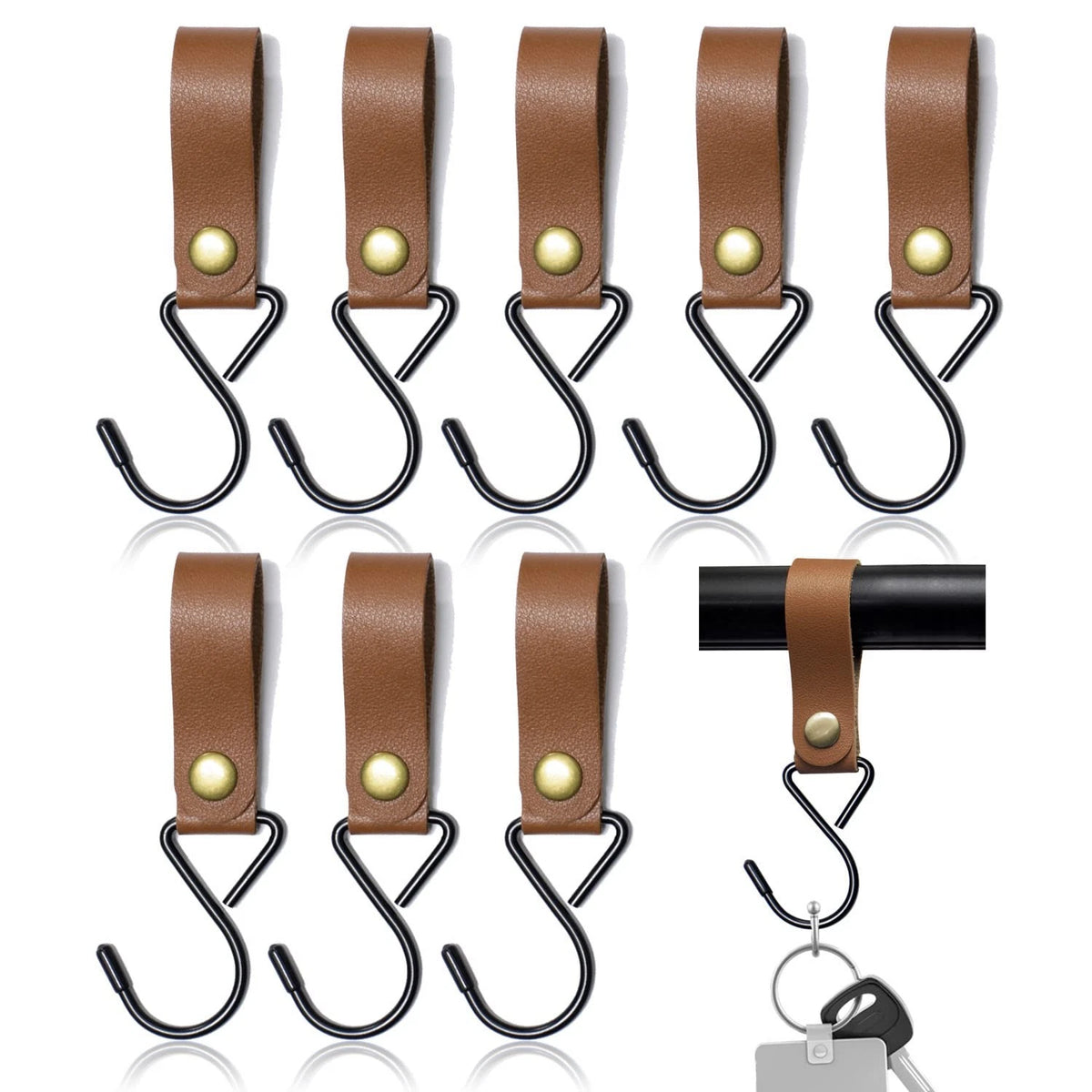 8 Pack Leather S-Hooks for Hanging (Camping, Kitchen)