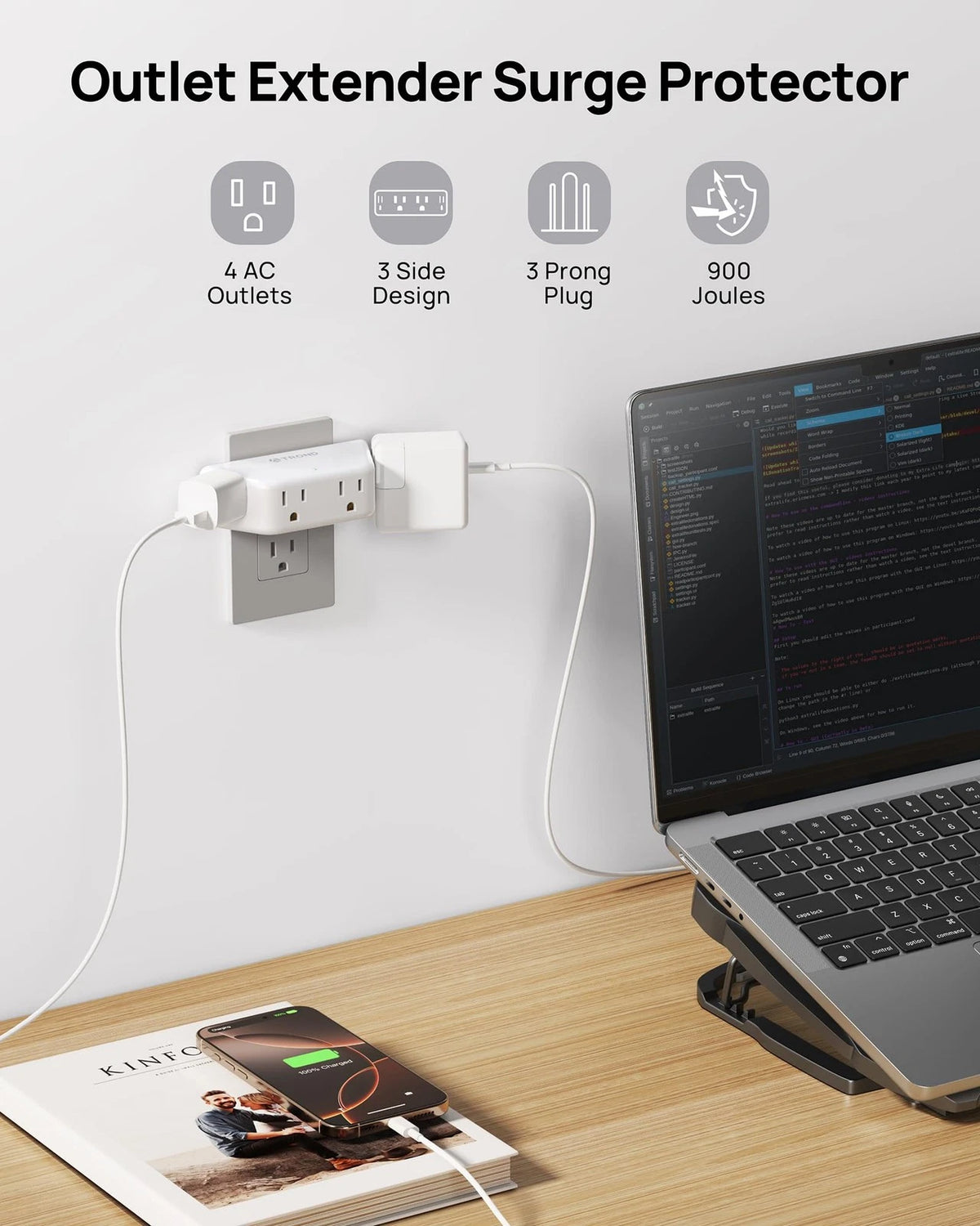 4 AC Socket Outlet Splitter Surge Protector Wall Extender (White)