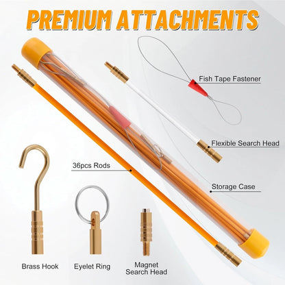 50FT Fiberglass Fish Tape Wire Puller Kit with Multiple Attachments
