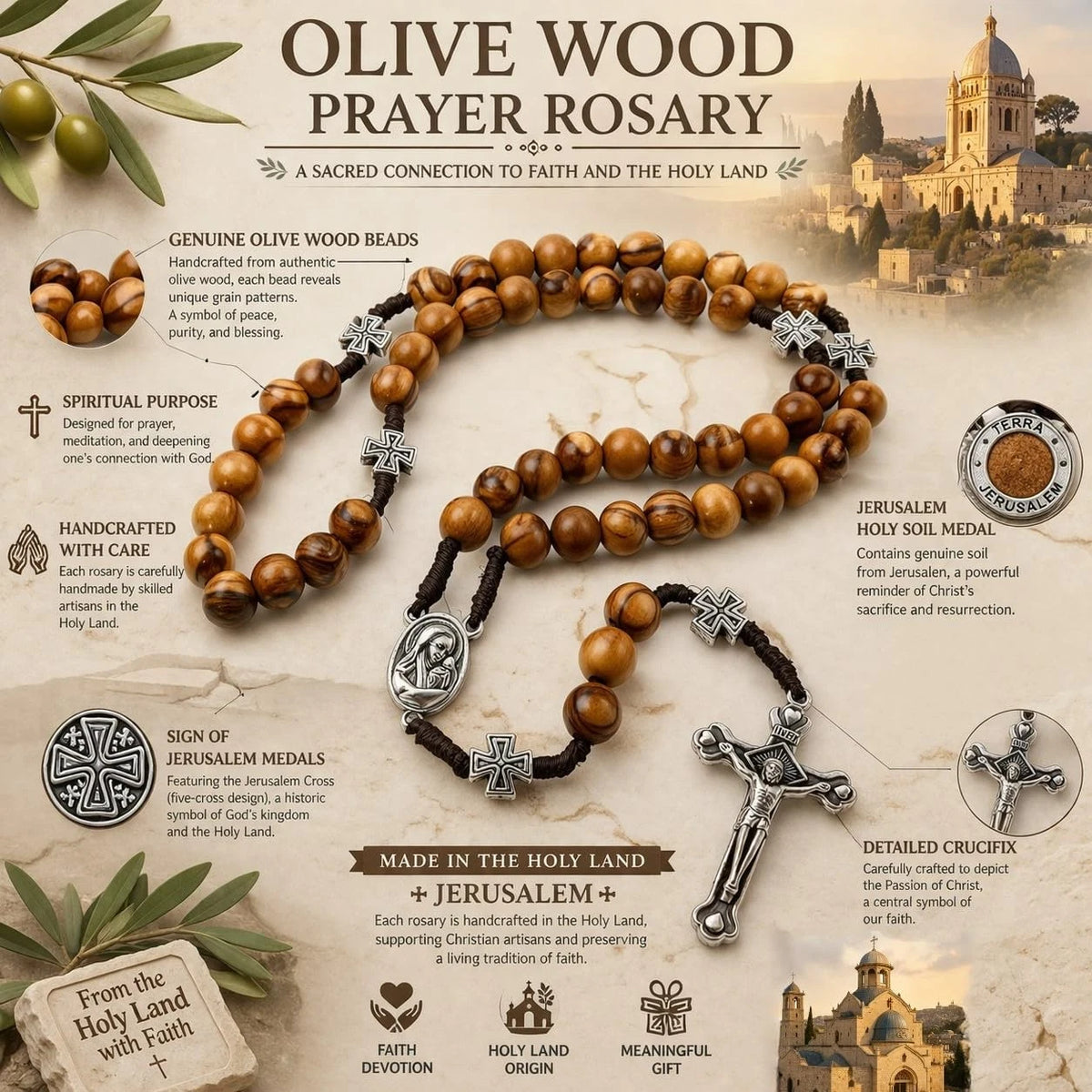 Olive Wood Catholic Rosary Prayer Beads 16 inches