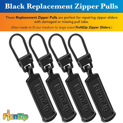 FixNZip Black Zipper Pull Replacements for Medium to Large Zippers