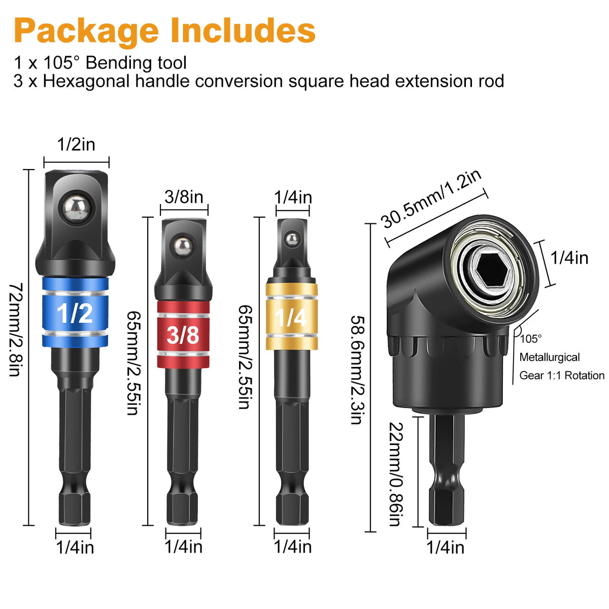 4Pcs Right Angle Drill Attachment Socket Adapter 1/4" 3/8" 1/2"