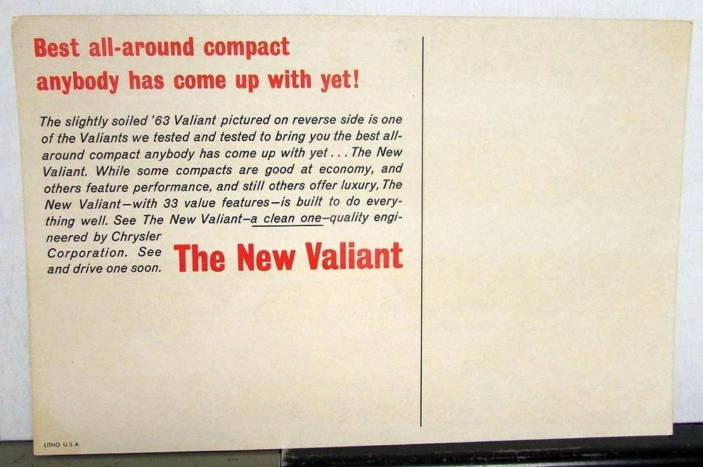 1963 Valiant Dealer Postcard Promotional Sales Introduction